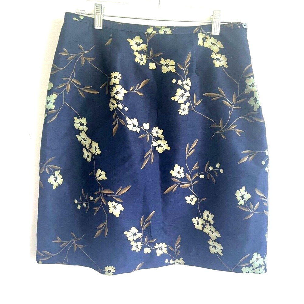 Amanda Smith Pure Silk Pencil Skirt Blue Floral Side Zip Knee Length 12